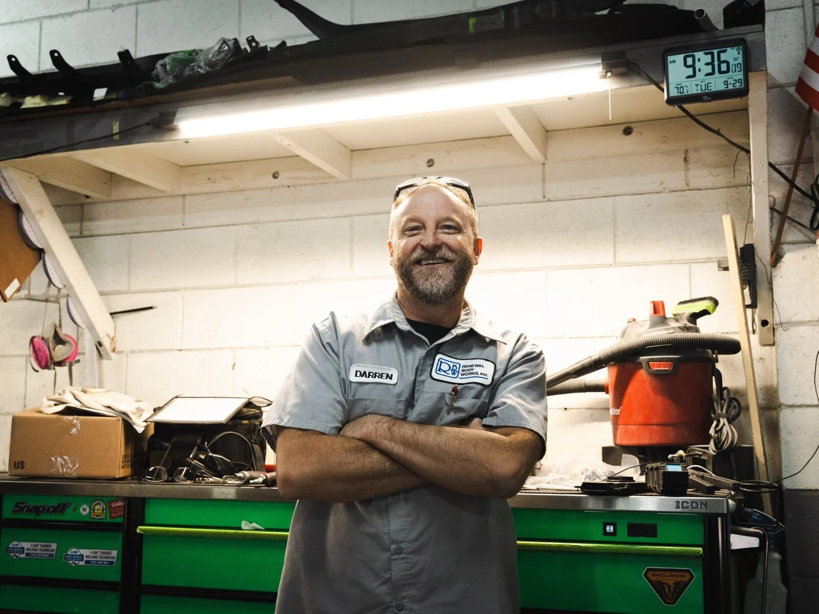 Darren, body technician at Renewal Body Works, at his workbench